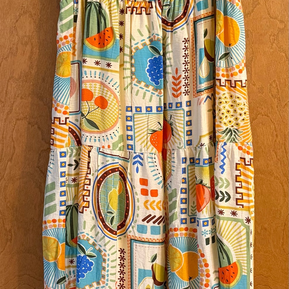 Cream Tiered Maxi Skirt with Multicolor Fruit Print